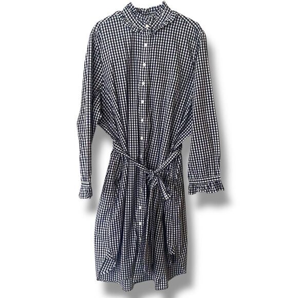 J Crew Ruffle Neck Shirt Dress Blue White Gingham Check Plus Size Size 24 Preppy - Picture 1 of 7